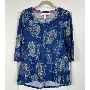 Leoma Lovegrove Womens M Top Blue Rainbow Seahorse 3/4 Sleeve Art To Wear Shirt